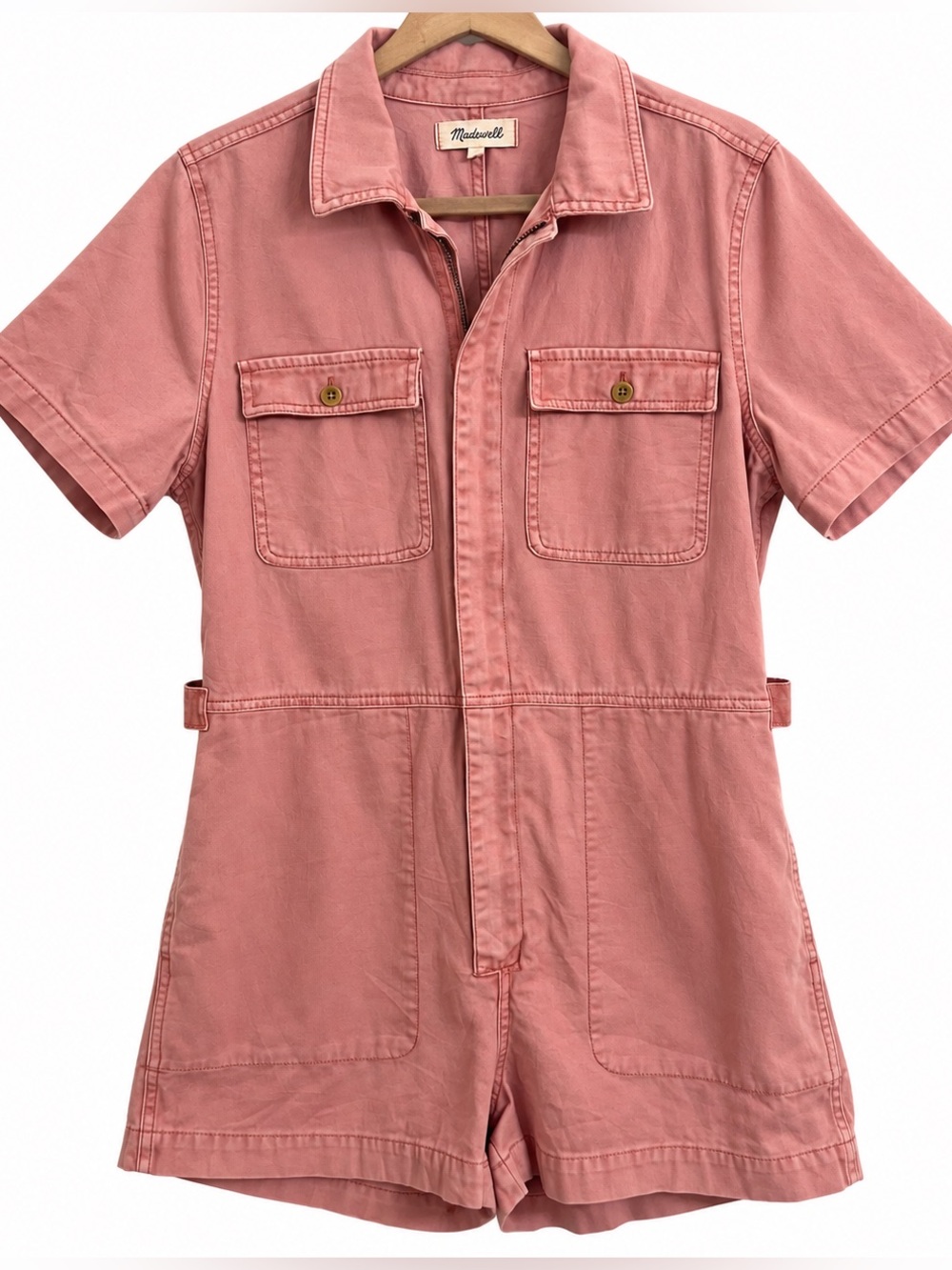Madewell utility romper large washed red zipper front cargo jumpsuit relaxed